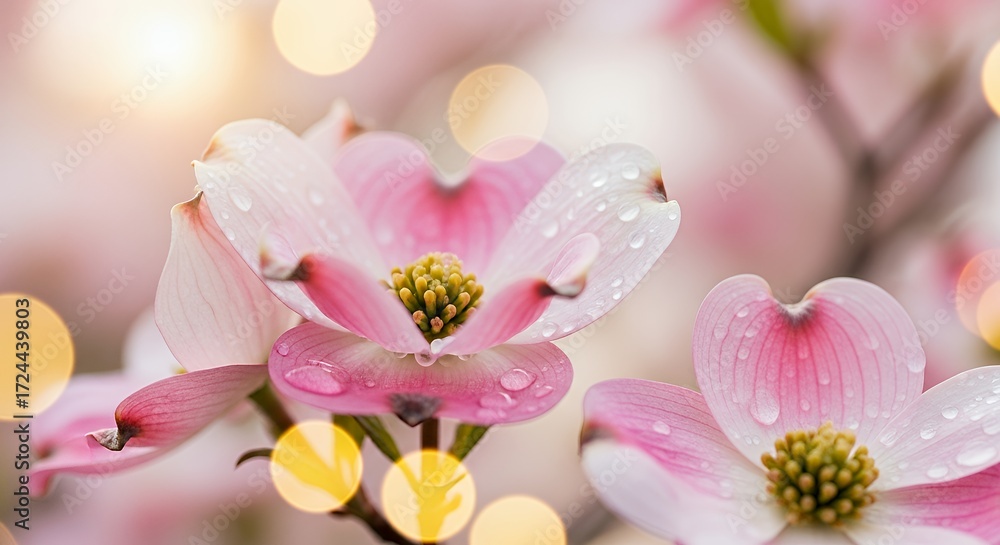 Obraz premium Fresh pink and white flowers covered with morning dew drops shining in sunlight. Beautiful floral background symbolizing freshness, purity, and natural beauty, perfect for spring, romance, and nature 