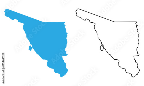 Map of Sonora, a state of Mexico. Map with detailed outlines and blue silhouettes