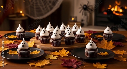 Ghost cupcakes rest on a wooden table with autumn leaves plates and holiday decorations