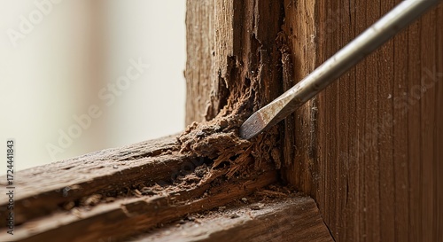 Chisel scraping damaged wood, revealing decay and rot in detail