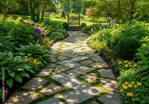 Idyllic garden path featuring stone pavers and lush flowering perennial beds leading to a wooden gate