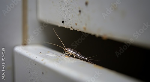 Silverfish pest crawling on dusty surface indoors, close-up macro detail