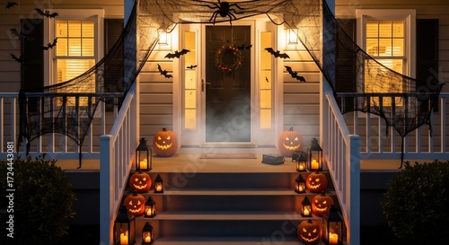 Halloweendecorated porch with lit pumpkins lanterns spiderwebs bats and fog