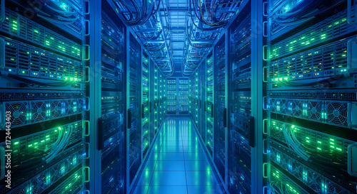 Modern data center with rows of server racks, glowing lights, and advanced technology