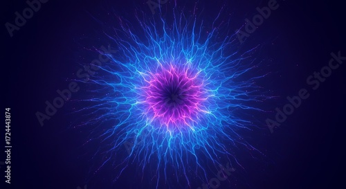 Vibrant energy explosion with glowing blue and pink fractal patterns expanding outward