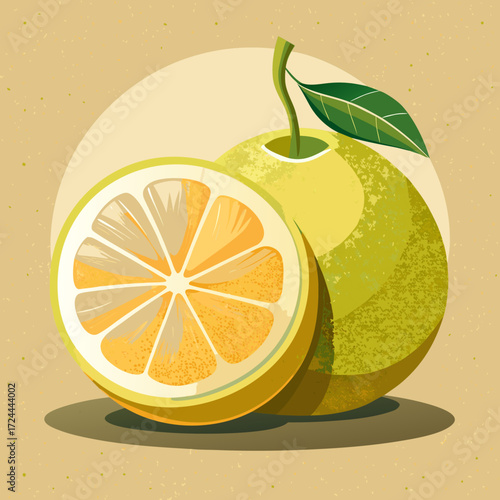 A giant pomelo citrus fruit, whole and halved to reveal its thick white pith and pale yellow segments, on a sandy textured background. Subtle lighting, unique fruit, mild and sweet.