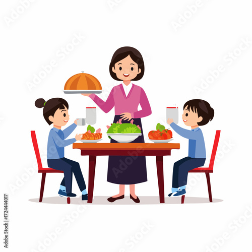 テーブルで待つ子供にご飯を配膳するお母さんのベクターイラスト素材