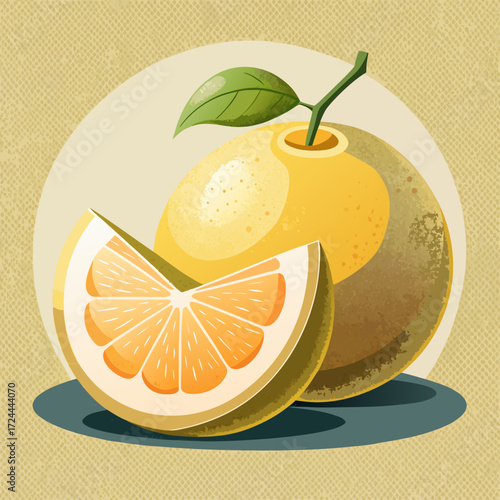 A giant pomelo citrus fruit, whole and halved to reveal its thick white pith and pale yellow segments, on a sandy textured background. Subtle lighting, unique fruit, mild and sweet.