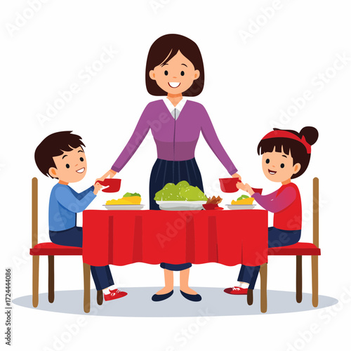 テーブルで待つ子供にご飯を配膳するお母さんのベクターイラスト素材