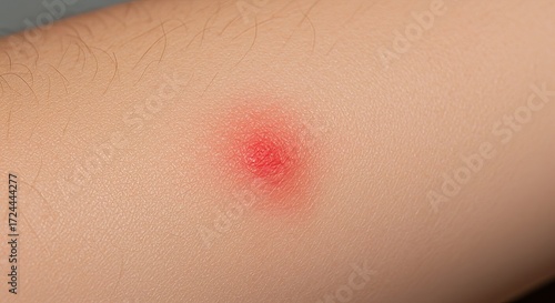 Macro view of inflamed skin lesion showing redness and irritation on human arm
