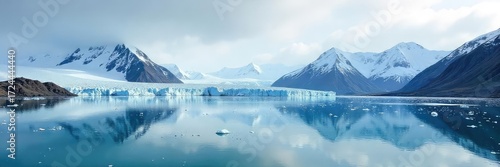 Stunning panoramic view of Greenland's dramatic icy landscape, featuring glaciers, mountains, and a pristine fjord Perfect for travel, nature, and environmental projects , environment, serene