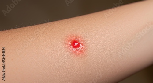 Close up of inflamed skin lesion with redness and fluid, medical detail