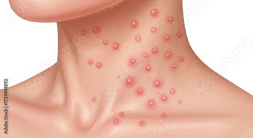 Close up of rash with red bumps on human neck and chest