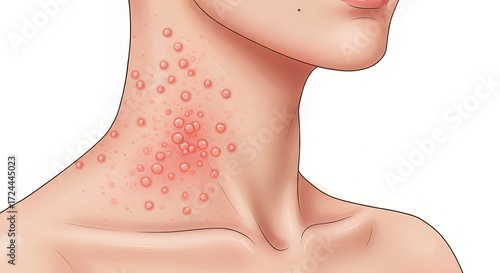 Close up of skin showing red inflamed bumps and blisters on neck and chest