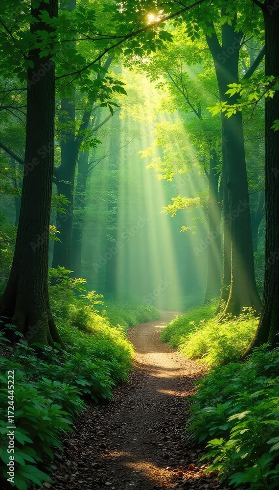 Fototapeta premium Sun-dappled forest path winds through lush green woods, sunlight filtering through leaves, creating a magical atmosphere Perfect for nature, fantasy, or fairytale themes , hiking, sunbeams