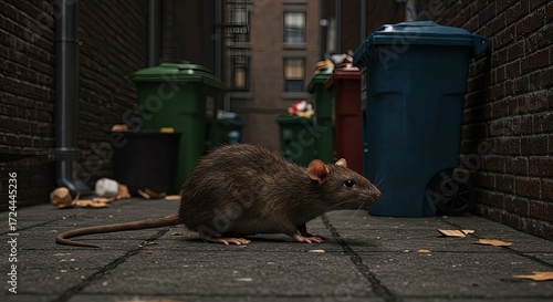 Brown rat scurries through urban alley beside overflowing trash bins
