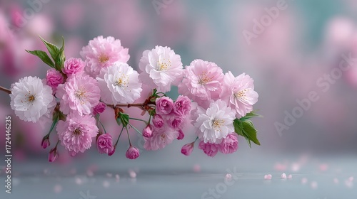 Blooming Pink Cherry Blossoms on Branch Detailed Floral Spring Still Life in Soft Focus Delicate White and Pink Petals on Grey Background