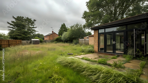 Overgrown garden surrounds brick house in UK : tall grass, weeds, small greenhouse, summer foliage obscures unkempt yard - deserted neglected property with potential for renovation concept
