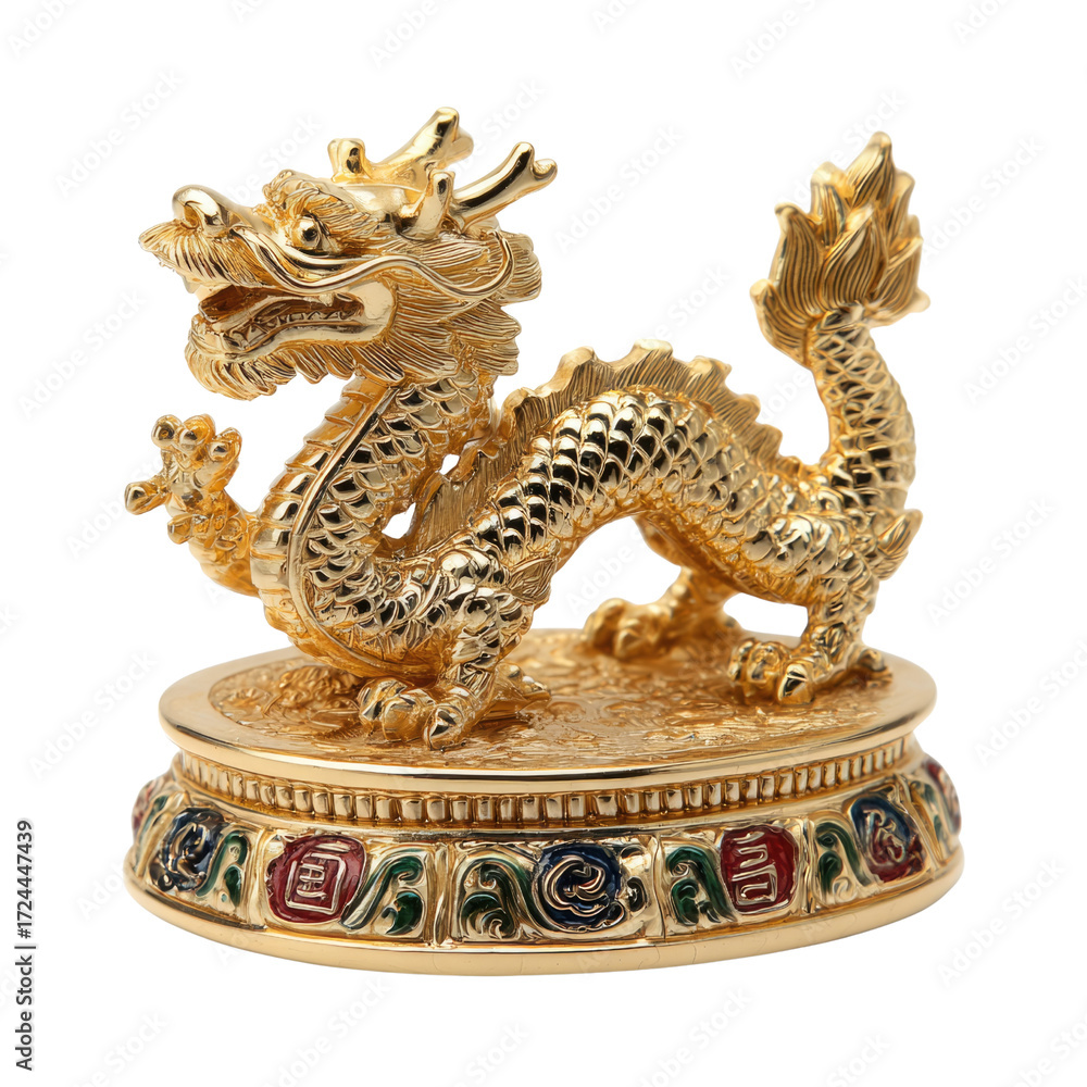 Fototapeta premium A golden dragon figurine, intricately detailed, sits on an ornate base. background removed