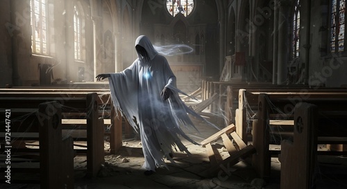 A hooded ghost hovers in an old ruined church with shattered pews and dusty stained glass