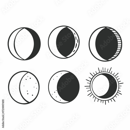 A collection of hand drawn celestial icons representing different phases of the moon and a stylized sun with moon phases
