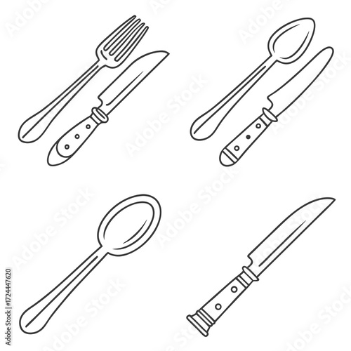 A collection of simple line art illustrations of cutlery including forks spoons and knives arranged in four distinct quadrants on a white background