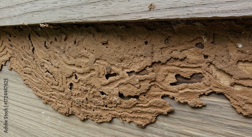 Detailed view of termite damage on weathered wooden surface showing intricate tunnels and mud tubes