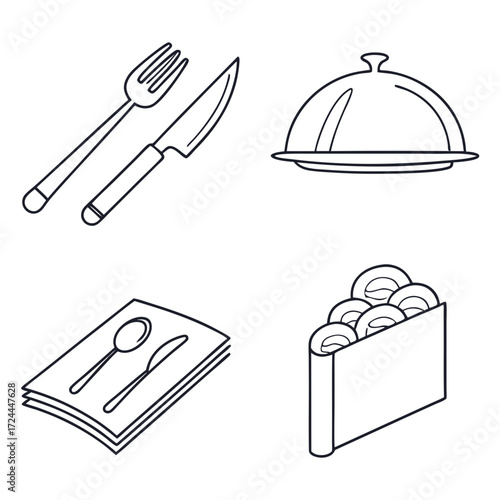 A collection of simple line art icons representing dining and restaurant elements including cutlery a cloche a napkin with silverware and stacked plates