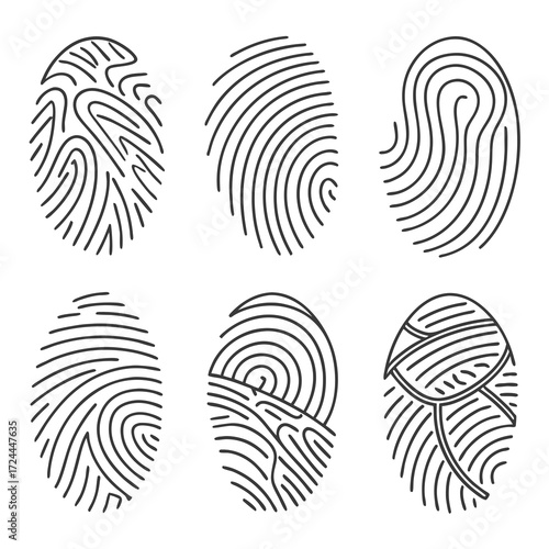 A collection of six distinct fingerprint outlines in a clean minimalist black and white line art style representing unique identity and security concepts