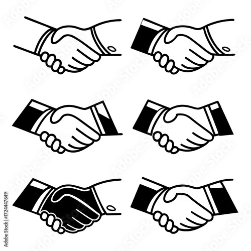 A collection of six simple black and white handshake icons representing agreement partnership and successful business collaboration in a clean graphic style