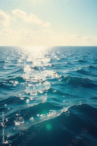Vast, tranquil ocean stretching to the hazy horizon line, sunlight shimmering on the waves  Perfect for travel, nature, and serenity themes ,  clouds,  horizon