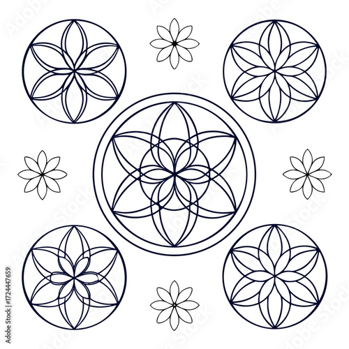 A collection of intricate geometric floral patterns and simple flower outlines in a dark blue line art design on a white background