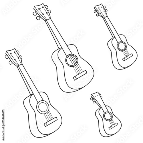 A delightful collection of four hand drawn outline ukuleles in various sizes scattered across a clean white background perfect for musical themes and designs