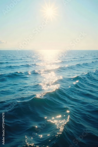Vast, tranquil ocean stretching to the hazy horizon, sunlight reflecting on calm waves  Perfect for travel, nature, or serenity themes , seascape, horizon line