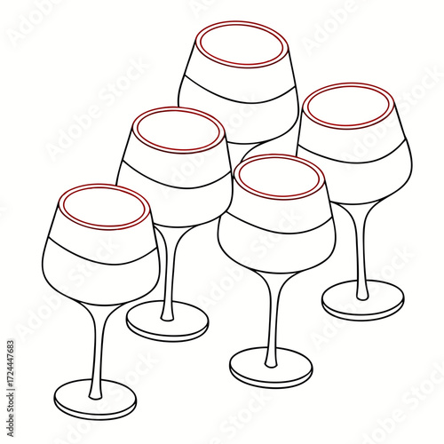 A group of five empty wine glasses with thin red outlines around the rims arranged in a cluster on a white background