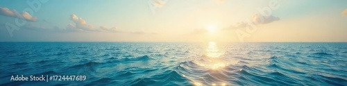 Vast, tranquil ocean stretching to the hazy horizon, sunlight shimmering on the water's surface A serene seascape perfect for travel, nature, or relaxation themes , ocean, coastal view, sunlight