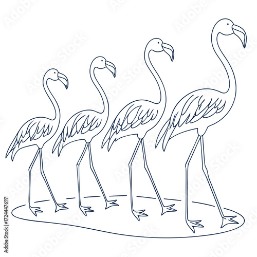A line of four stylized flamingos in varying sizes walking in unison with clean dark blue outlines on a white background