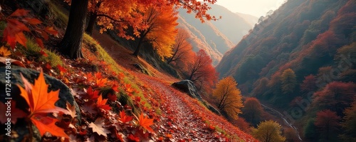 Vibrant autumn leaves cascade down a steep hillside, creating a breathtaking spectacle of color and motion Perfect for fall, nature, and seasonal themes , sycamore, fall foliage