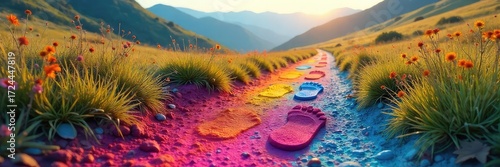 Vibrant, colorful footprints trail across a diverse landscape, leaving a playful path of bright hues Perfect for concepts of joy, adventure, and imagination , traces, imprint, creativity