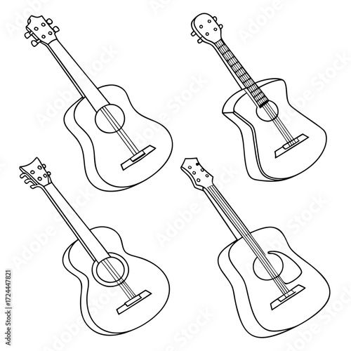 Collection of four simple black and white line art illustrations of acoustic guitars arranged in a playful dynamic pattern on a white background