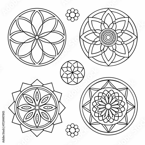 Collection of intricate black line art mandalas and floral circular patterns on a white background perfect for coloring pages and decorative designs