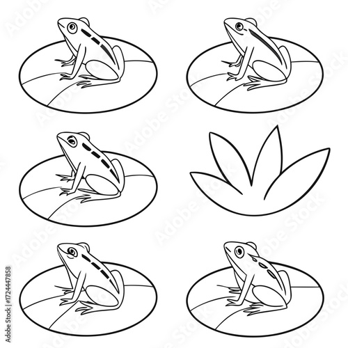 Collection of simple line art illustrations featuring frogs sitting on lily pads with a separate lily pad illustration on a white background