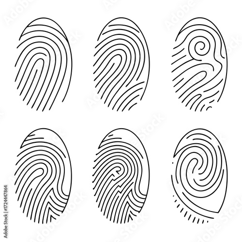 Collection of six distinct fingerprint outlines in black ink on a white background showcasing various ridge patterns and unique designs for identification and security concepts