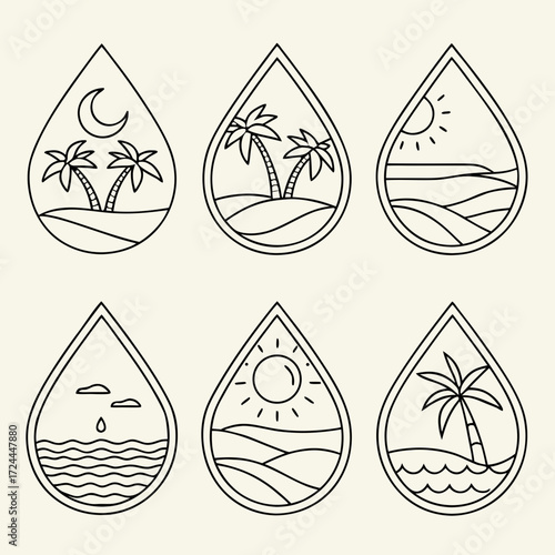 Collection of six minimalist outline icons depicting tropical beach scenes with palm trees and celestial bodies within water drop shapes on a cream background
