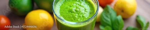 Vibrant green smoothie in a blender, fresh fruits and vegetables surrounding it, ready to be enjoyed  Healthy, refreshing, and perfect for a summer morning ,  fresh,  produce