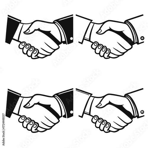 Four black and white graphic illustrations of a business handshake symbolizing agreement partnership and successful collaboration between two individuals in formal attire