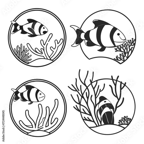 Four circular illustrations of clownfish swimming amongst coral and anemones in a simple black and white line art style