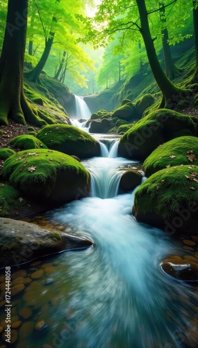 Vibrant green water cascading over mossy rocks in a lush forest, sunlight dappling the surface Perfect for nature, ecology, and environmental themes , outdoor, forest