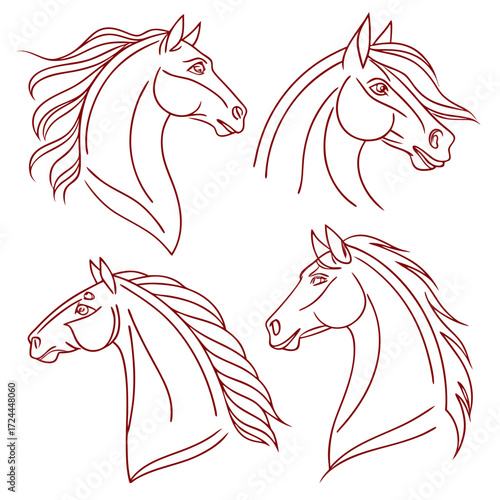 Four elegant horse head line art illustrations in dark red outline on white background showing different angles and mane styles