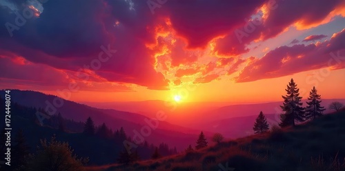 Vibrant hues paint the sky as the sun dips below the horizon, casting an unforgettable, fiery glow over a tranquil landscape Perfect for travel, nature, and atmospheric imagery , phenomenal, red